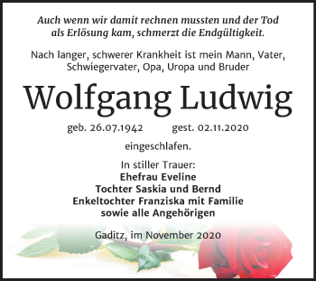 Traueranzeige von Wolfgang Ludwig von Super Sonntag Wittenberg