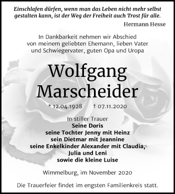 Traueranzeige von Wolfgang Marscheider von Mitteldeutsche Zeitung Mansfelder Land