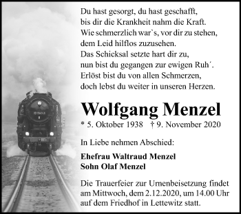 Traueranzeige von Wolfgang Menzel von Mitteldeutsche Zeitung Halle/Saalkreis
