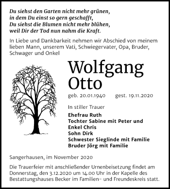 Traueranzeige von Wolfgang Otto von Mitteldeutsche Zeitung Sangerhausen