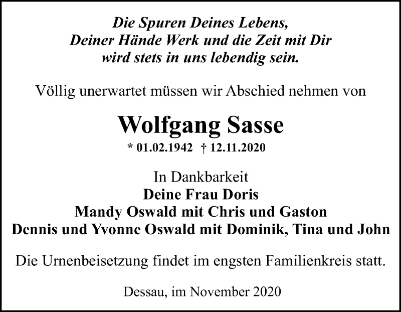  Traueranzeige für Wolfgang Sasse vom 19.11.2020 aus Mitteldeutsche Zeitung Dessau-Roßlau