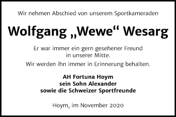 Traueranzeige von Wolfgang Wesarg von Super Sonntag Aschersleben