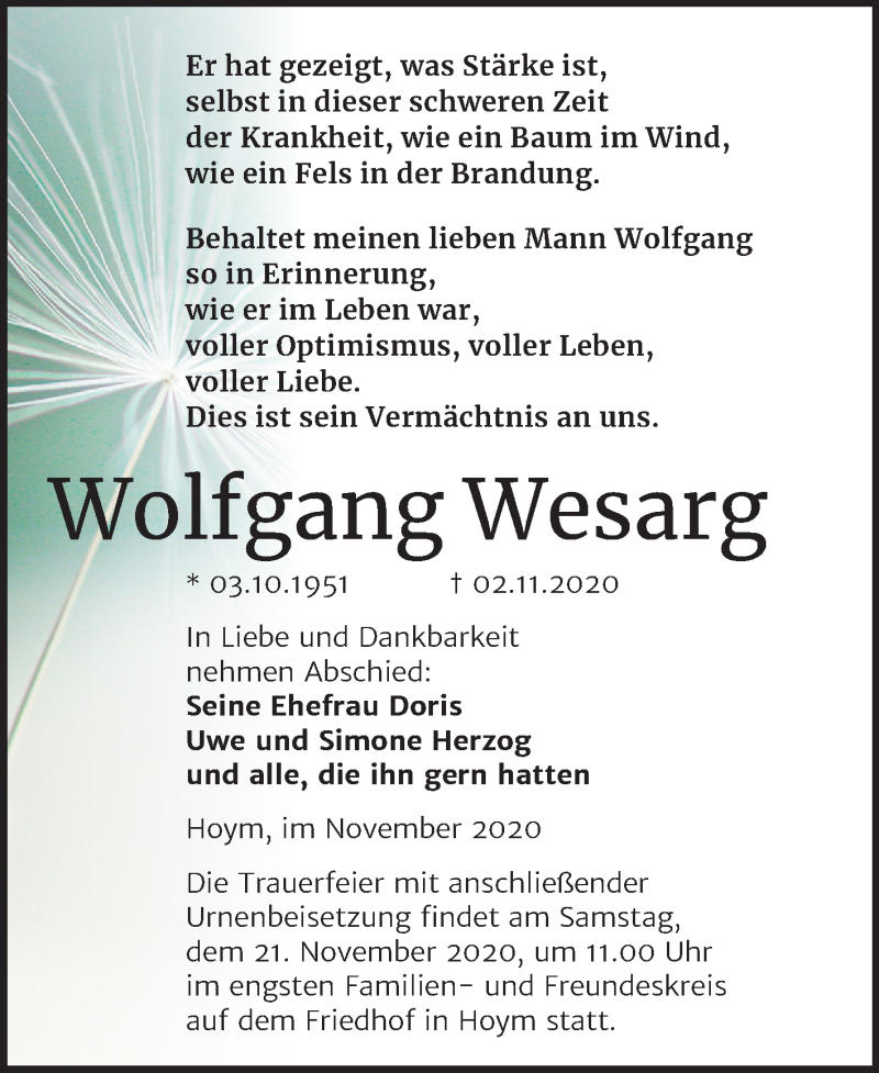  Traueranzeige für Wolfgang Wesarg vom 14.11.2020 aus Mitteldeutsche Zeitung Aschersleben