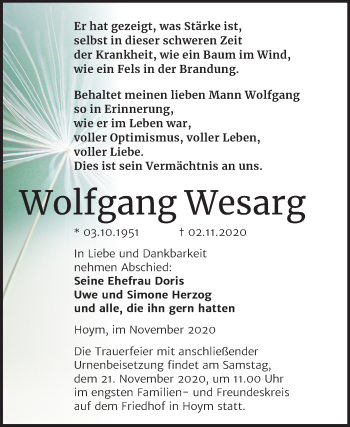 Traueranzeige von Wolfgang Wesarg von Mitteldeutsche Zeitung Aschersleben