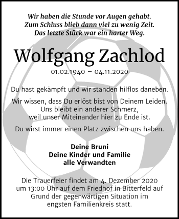 Traueranzeige von Wolfgang Zachlod von Wochenspiegel Bitterfeld