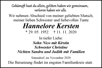 Traueranzeige von Hannelore Kersten von Mitteldeutsche Zeitung Sangerhausen