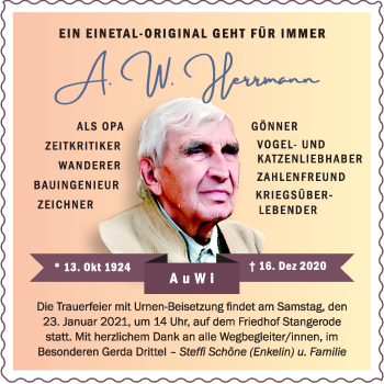 Traueranzeige von A.W. Herrmann von Mitteldeutsche Zeitung Mansfelder Land