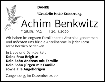 Traueranzeige von Achim Benkwitz von Mitteldeutsche Zeitung Zeitz