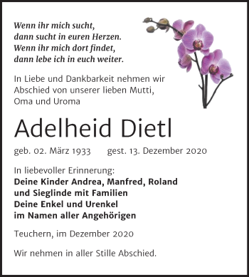 Traueranzeige von Adelheid Dietl von Mitteldeutsche Zeitung Weißenfels