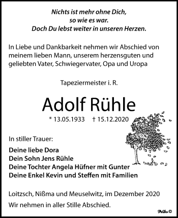 Traueranzeige von Adolf Rühle von Mitteldeutsche Zeitung Zeitz