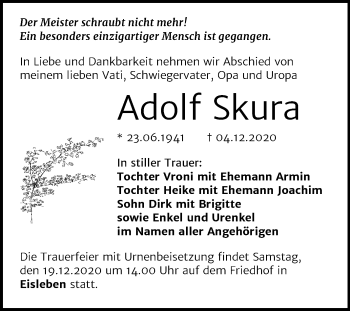 Traueranzeige von Adolf Skura von Super Sonntag Mansfelder Land