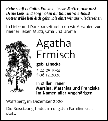 Traueranzeige von Agatha Ermisch von Super Sonntag Sangerhausen