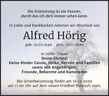Traueranzeige von Alfred Hörig von Mitteldeutsche Zeitung Bitterfeld