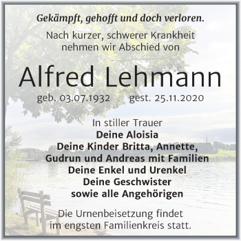 Traueranzeige von Alfred Lehmann von Mitteldeutsche Zeitung Wittenberg