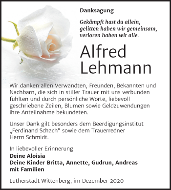 Traueranzeige von Alfred Lehmann von Mitteldeutsche Zeitung Wittenberg