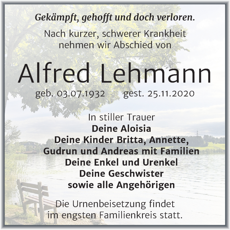  Traueranzeige für Alfred Lehmann vom 05.12.2020 aus Mitteldeutsche Zeitung Wittenberg