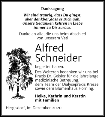 Traueranzeige von Alfred Schneider von Mitteldeutsche Zeitung Mansfelder Land