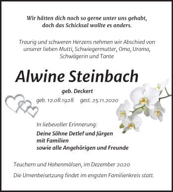 Traueranzeige von Alwine Steinbach von Mitteldeutsche Zeitung Weißenfels