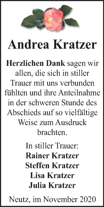 Traueranzeige von Andrea Kratzer von Mitteldeutsche Zeitung Halle/Saalkreis