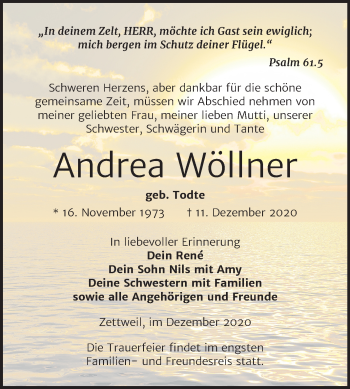 Traueranzeige von Andrea Wöllner von Super Sonntag Zeitz