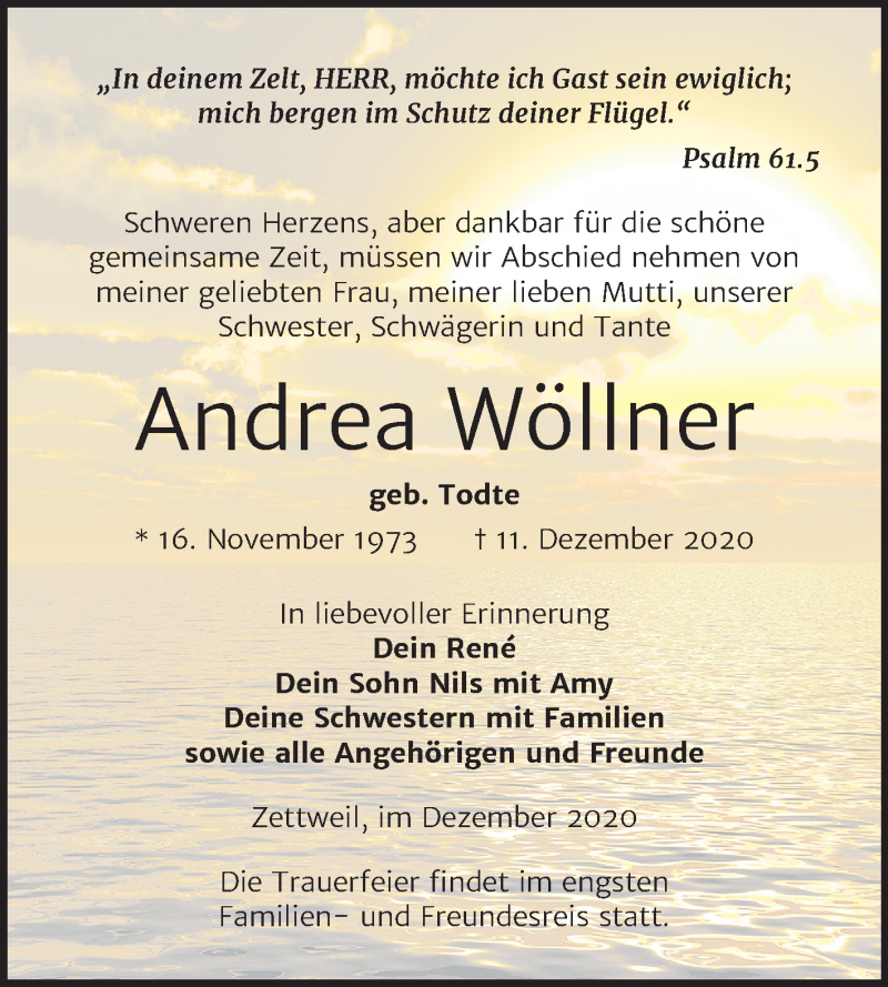  Traueranzeige für Andrea Wöllner vom 19.12.2020 aus Super Sonntag Zeitz