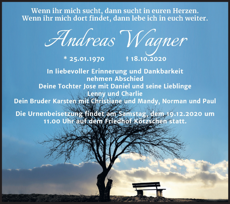  Traueranzeige für Andreas Wagner vom 12.12.2020 aus Mitteldeutsche Zeitung Merseburg/Querfurt