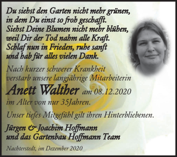 Traueranzeige von Anett Walther von Wochenspiegel Aschersleben