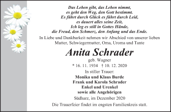 Traueranzeige von Anita Schrader von Mitteldeutsche Zeitung Sangerhausen
