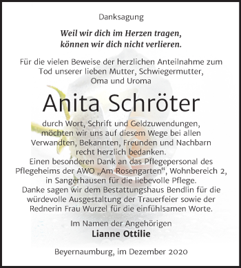 Traueranzeige von Anita Schröter von Mitteldeutsche Zeitung Sangerhausen