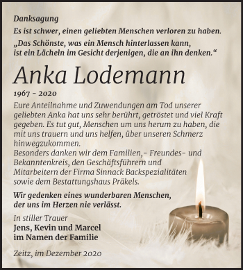 Traueranzeige von Anka Lodemann von Super Sonntag Zeitz
