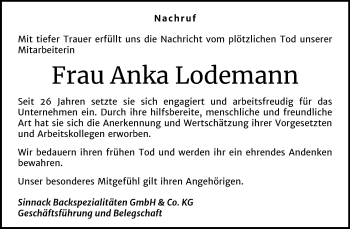 Traueranzeige von Anka Lodemann von Super Sonntag Zeitz