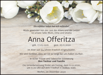Traueranzeige von Anna Offeritza von Mitteldeutsche Zeitung Bitterfeld