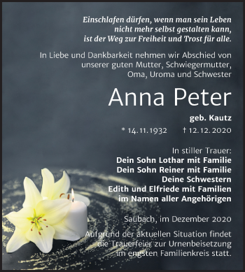 Traueranzeige von Anna Peter von Wochenspiegel Naumburg/Nebra
