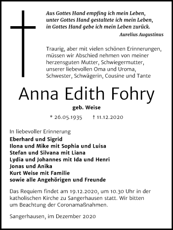 Traueranzeige von Anna Edith Fohry von Mitteldeutsche Zeitung Sangerhausen