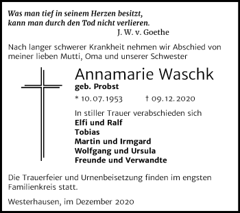 Traueranzeige von Annamarie Waschk von Mitteldeutsche Zeitung Quedlinburg