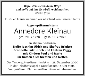 Traueranzeige von Annedore Kleinau von Mitteldeutsche Zeitung Merseburg/Querfurt