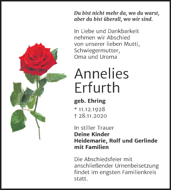 Traueranzeige von Annelies Erfurth von Mitteldeutsche Zeitung Aschersleben