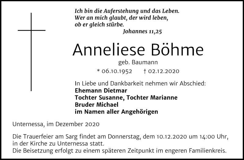  Traueranzeige für Anneliese Böhme vom 05.12.2020 aus Mitteldeutsche Zeitung Weißenfels