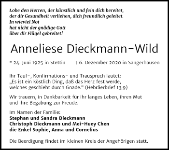 Traueranzeige von Anneliese Dieckmann-Wild von Mitteldeutsche Zeitung Sangerhausen