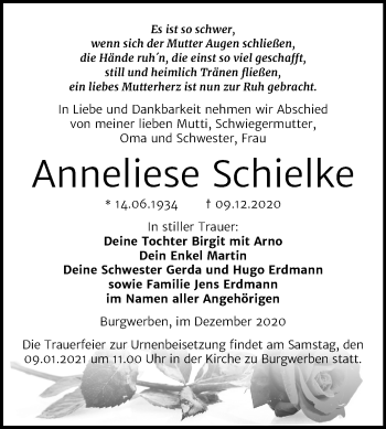 Traueranzeige von Anneliese Schielke von Wochenspiegel Weißenfels