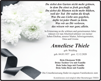 Traueranzeige von Anneliese Thiele von Super Sonntag Quedlinburg