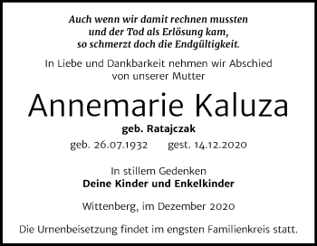 Traueranzeige von Annemarie Kaluza von Mitteldeutsche Zeitung Wittenberg