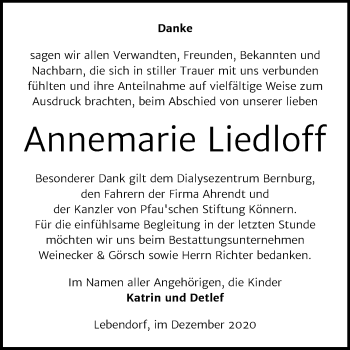 Traueranzeige von Annemarie Liedloff von Mitteldeutsche Zeitung Bernburg