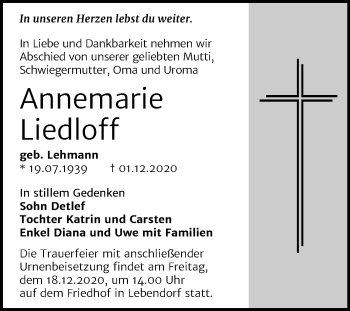 Traueranzeige von Annemarie Liedloff von Mitteldeutsche Zeitung Bernburg