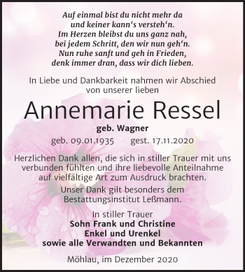 Traueranzeige von Annemarie Ressel von Mitteldeutsche Zeitung Wittenberg