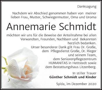 Traueranzeige von Annemarie Schmidt von Wochenspiegel Mansfelder Land
