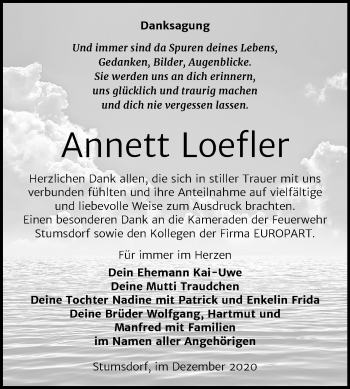 Traueranzeige von Annett Loefler von Wochenspiegel Bitterfeld