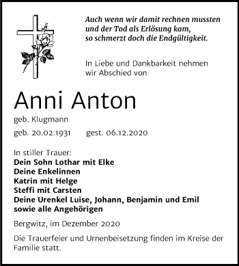 Traueranzeige von Anni Anton von Super Sonntag Wittenberg