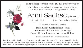 Traueranzeige von Anni Sachse von Mitteldeutsche Zeitung Quedlinburg