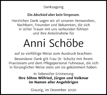 Traueranzeige von Anni Schöbe von Mitteldeutsche Zeitung Köthen